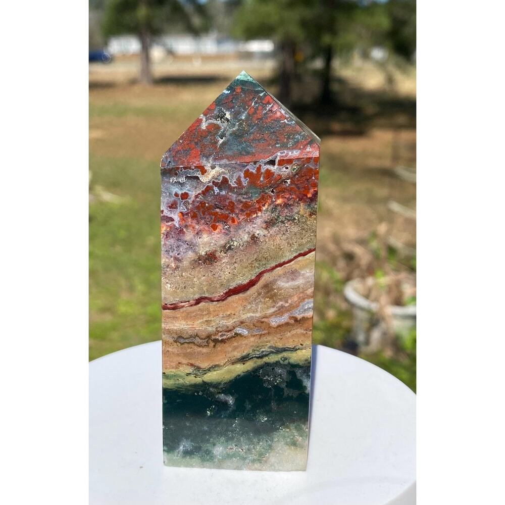 Colorful Ocean Jasper Four Sided Tower Fat Tower Chunky Crystal Tower
